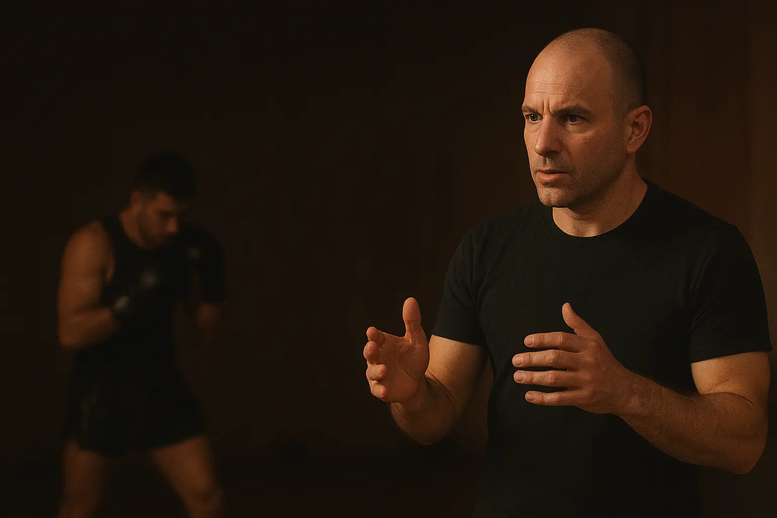 המאמן מסביר טכניקה, ומאחוריו מתאמן בעמידת קרב